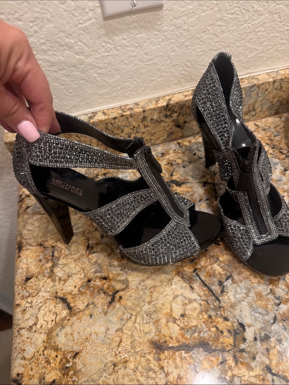 Michael Kors Berkley T-Strap Zip Gunmetal High Heel Sandals Sz 7.5